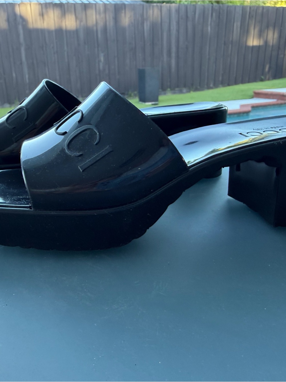 Gucci Black Glossy Slide Sandals with Low Block Heel